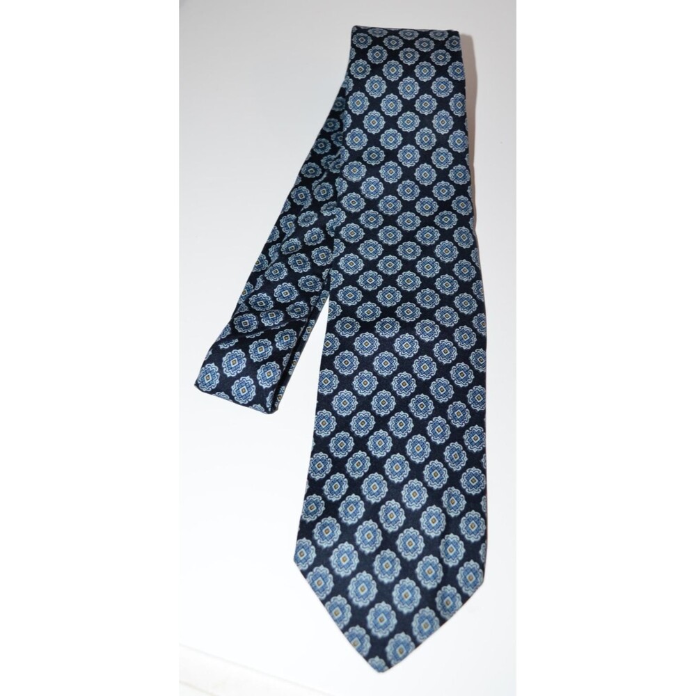 Vtg Keys Lockwood Italy Silk Tie Geometric medallion Print Blue Navy Union Made